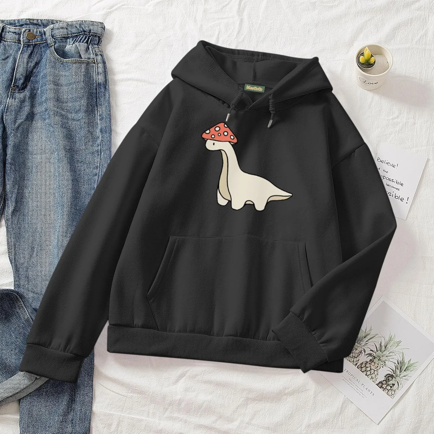 Oversized Cute Mushroom Dino Print Hoodies for Womens Kawaii Cartoon Sweatshirt Teen Girls Cotton Fleece Sweaters