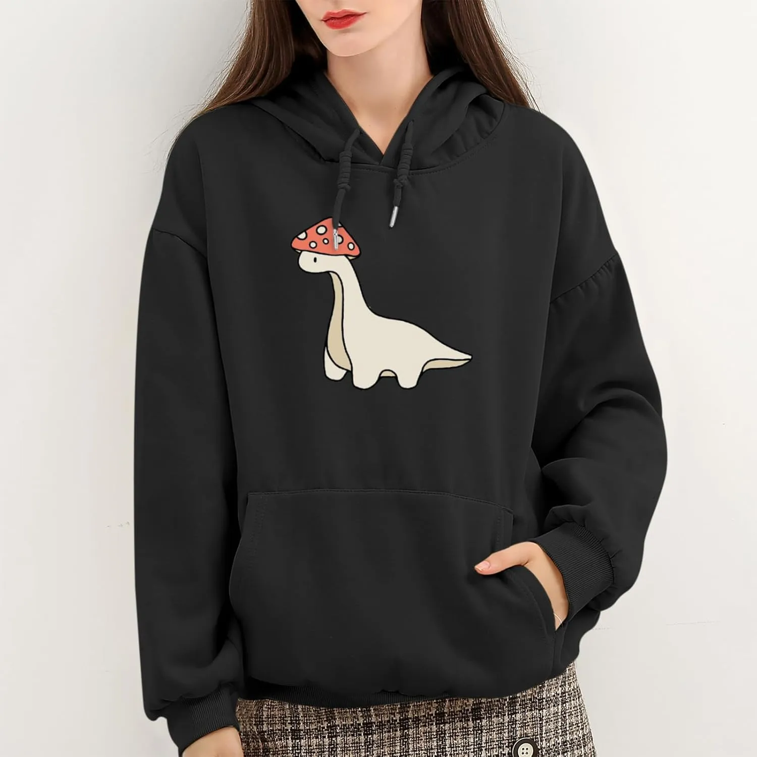 Oversized Cute Mushroom Dino Print Hoodies for Womens Kawaii Cartoon Sweatshirt Teen Girls Cotton Fleece Sweaters