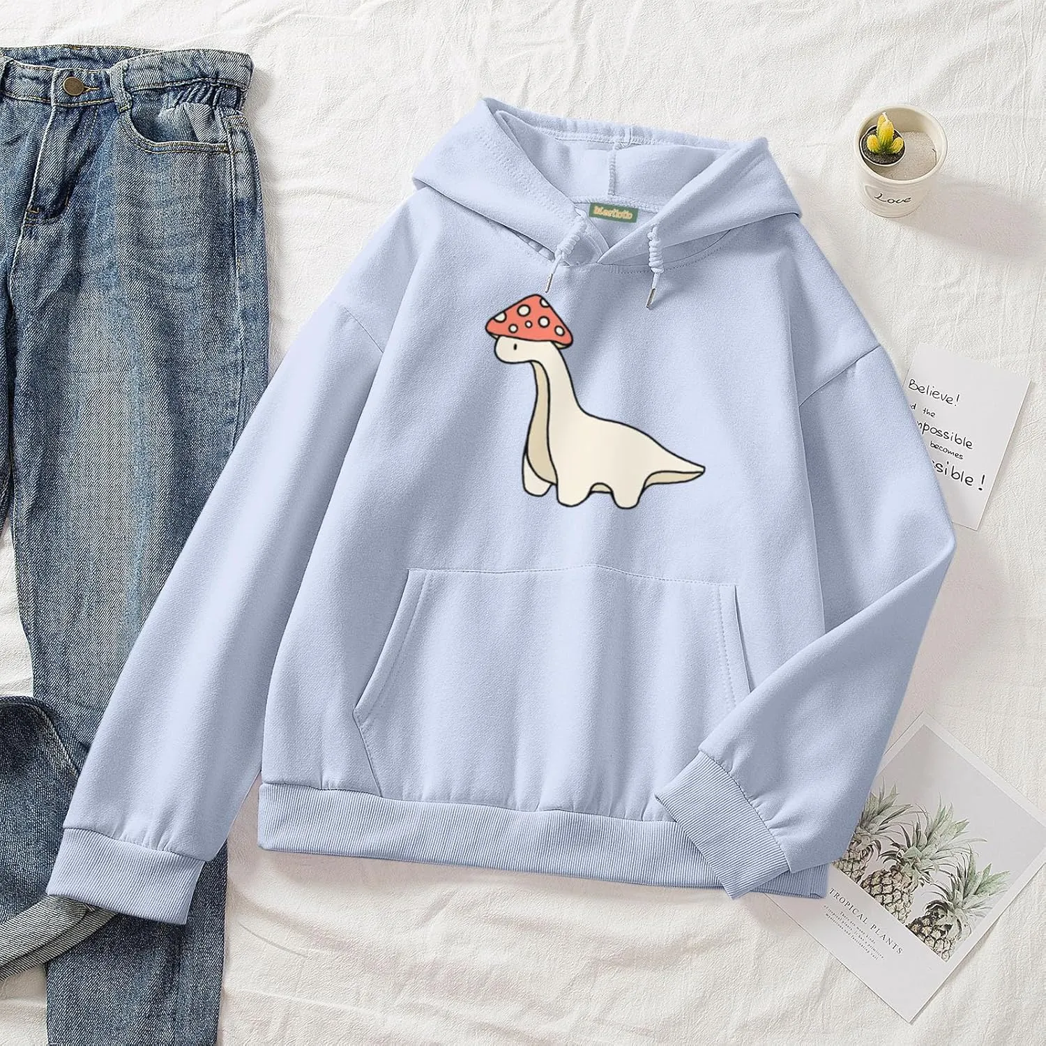 Oversized Cute Mushroom Dino Print Hoodies for Womens Kawaii Cartoon Sweatshirt Teen Girls Cotton Fleece Sweaters