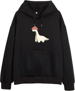 Oversized Cute Mushroom Dino Print Hoodies for Womens Kawaii Cartoon Sweatshirt Teen Girls Cotton Fleece Sweaters