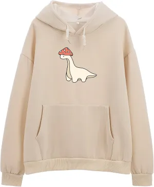 Oversized Cute Mushroom Dino Print Hoodies for Womens Kawaii Cartoon Sweatshirt Teen Girls Cotton Fleece Sweaters