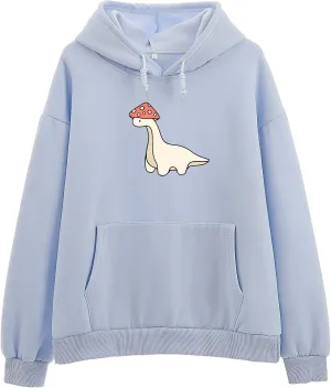 Oversized Cute Mushroom Dino Print Hoodies for Womens Kawaii Cartoon Sweatshirt Teen Girls Cotton Fleece Sweaters