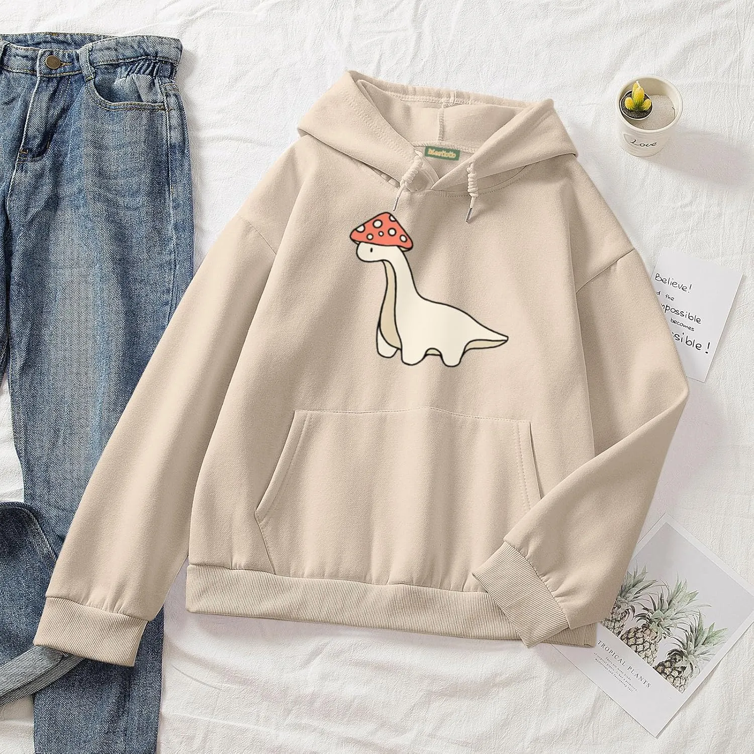 Oversized Cute Mushroom Dino Print Hoodies for Womens Kawaii Cartoon Sweatshirt Teen Girls Cotton Fleece Sweaters