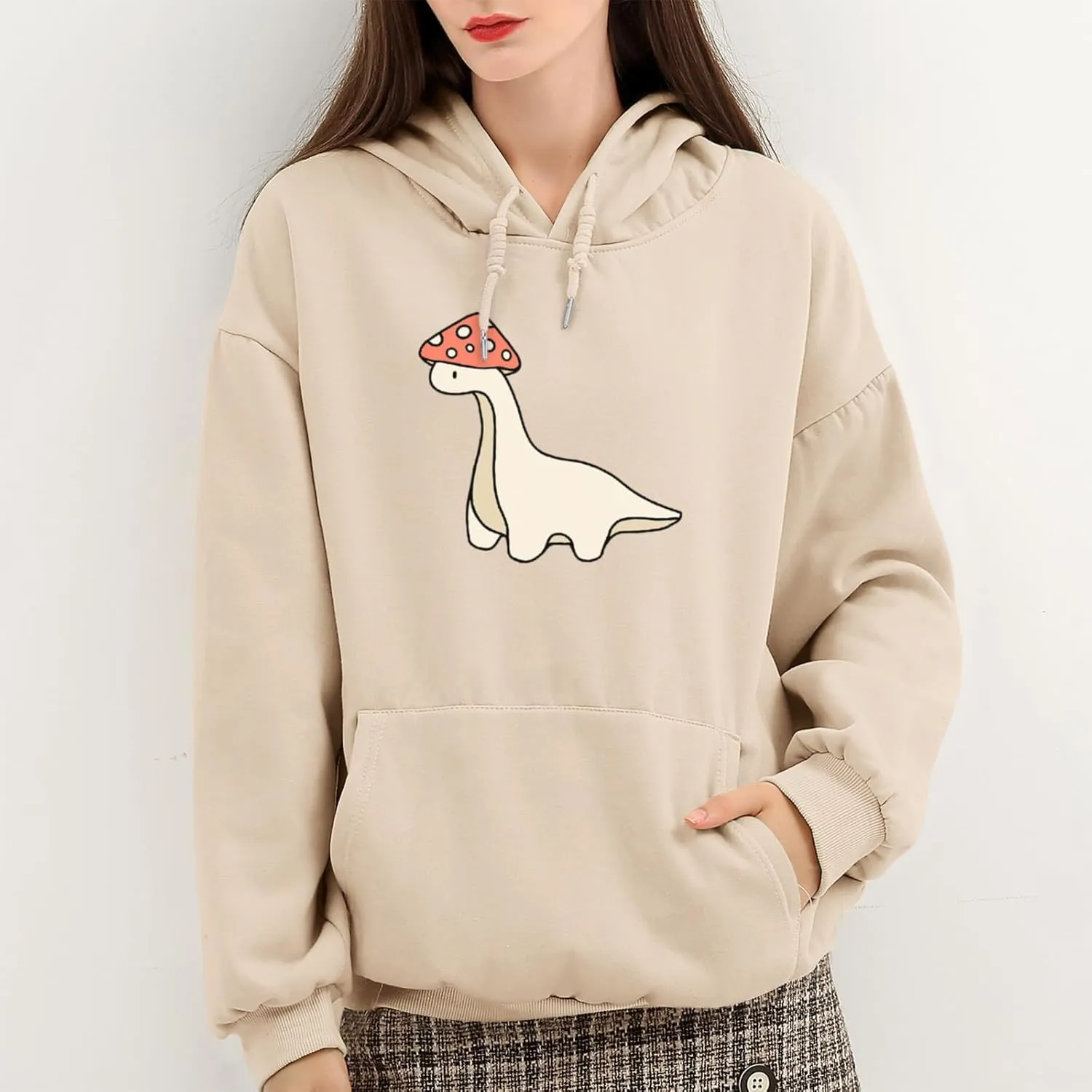 Oversized Cute Mushroom Dino Print Hoodies for Womens Kawaii Cartoon Sweatshirt Teen Girls Cotton Fleece Sweaters