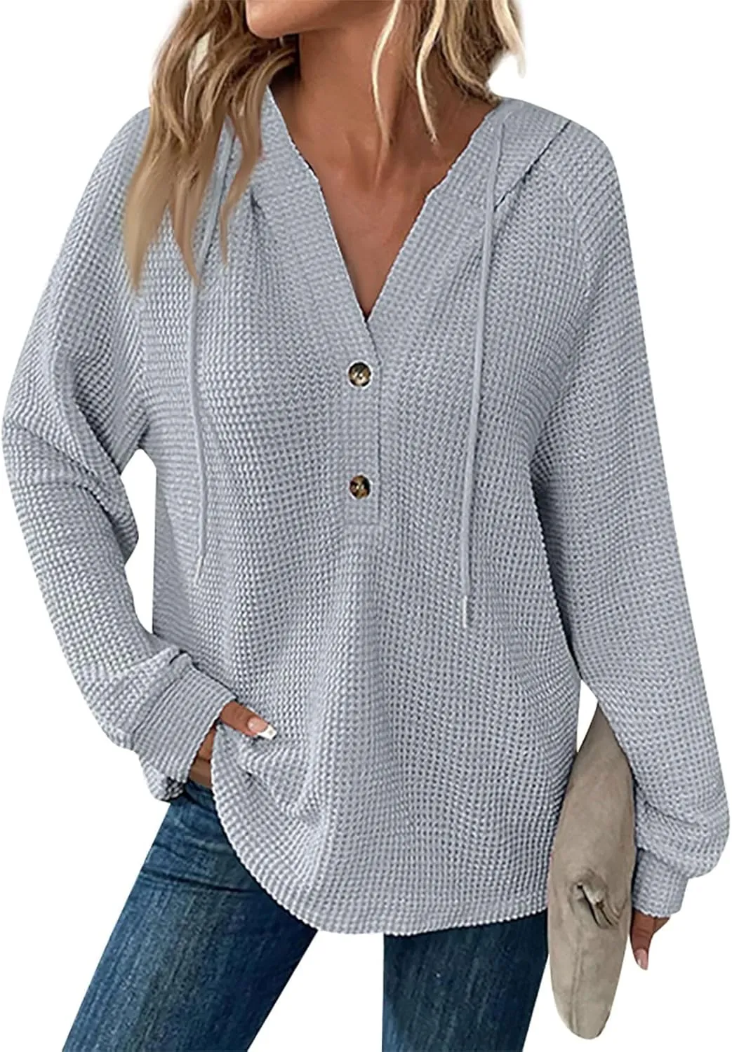 Oversized Hoodies for Women Soft V Neck Waffle Knit Hooded Sweatshirt Lightweight Fall Long Sleeve Pullover Sweaters