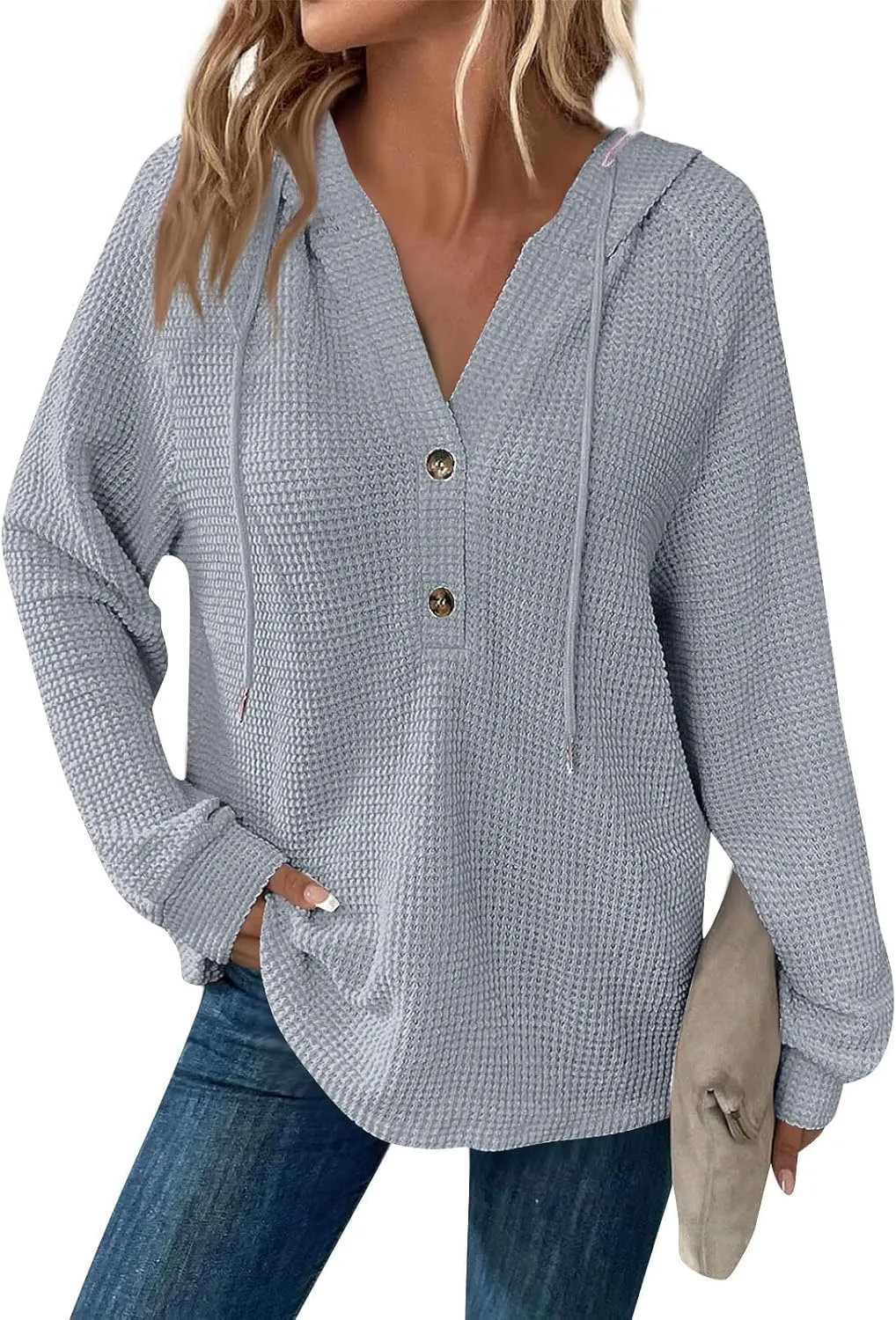 Oversized Hoodies for Women Soft V Neck Waffle Knit Hooded Sweatshirt Lightweight Fall Long Sleeve Pullover Sweaters