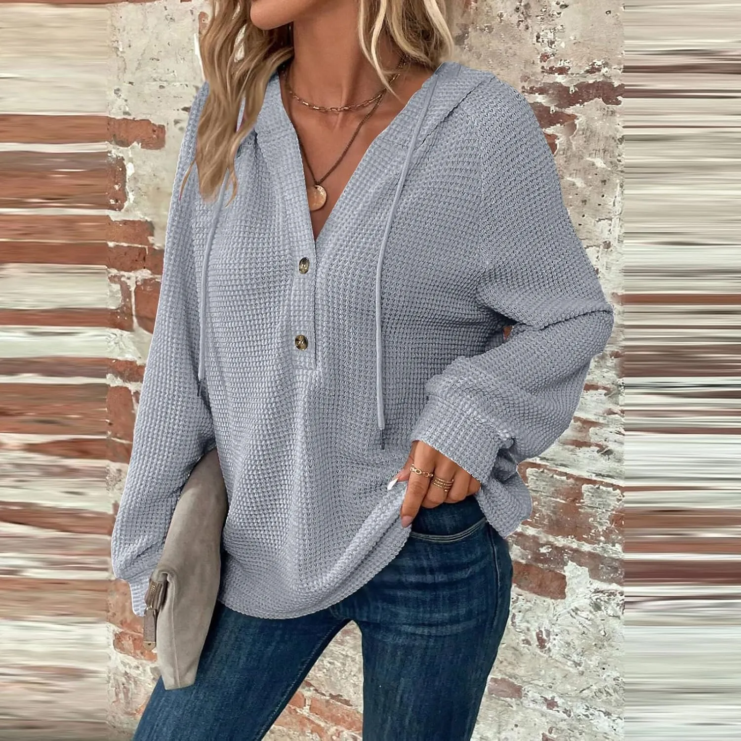 Oversized Hoodies for Women Soft V Neck Waffle Knit Hooded Sweatshirt Lightweight Fall Long Sleeve Pullover Sweaters