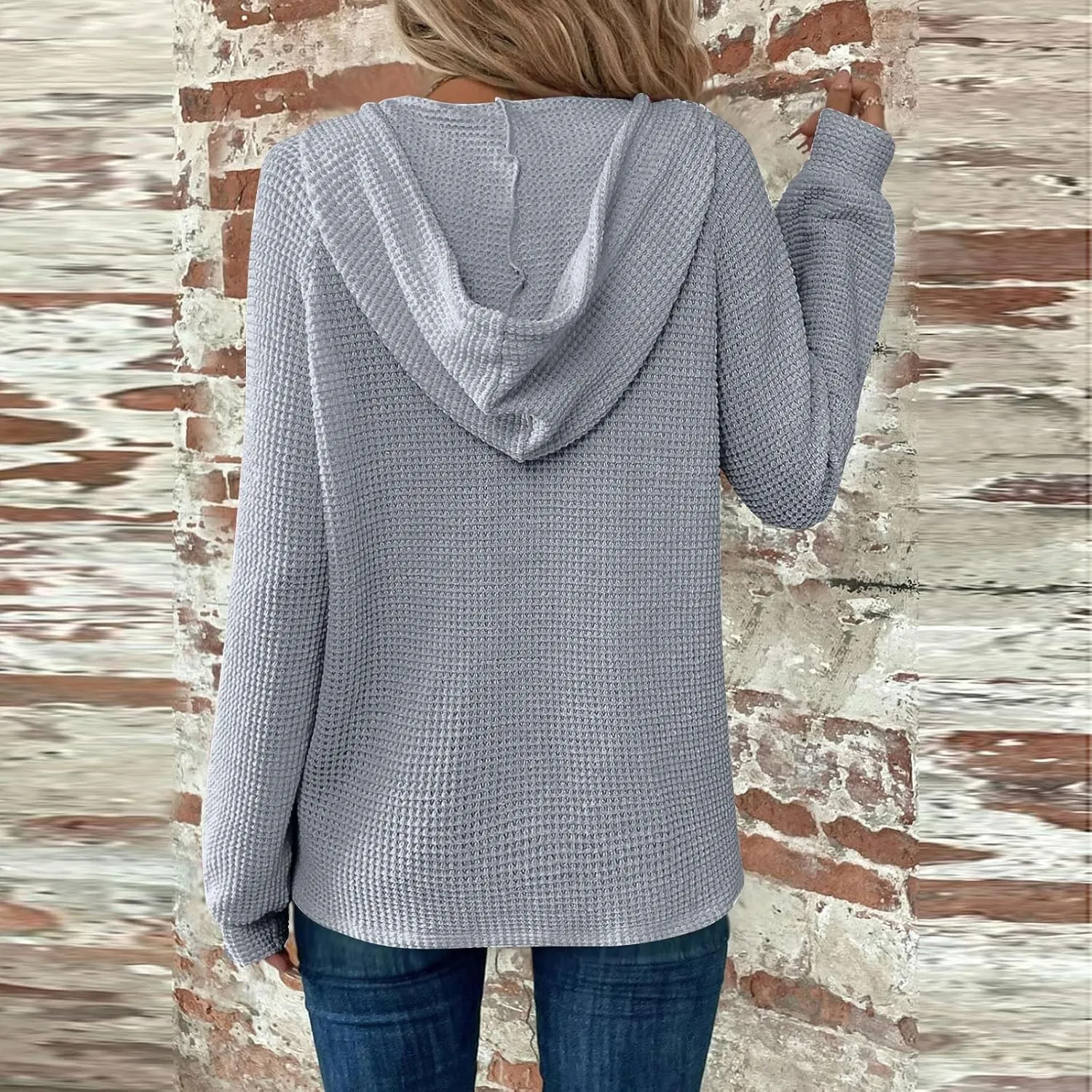 Oversized Hoodies for Women Soft V Neck Waffle Knit Hooded Sweatshirt Lightweight Fall Long Sleeve Pullover Sweaters