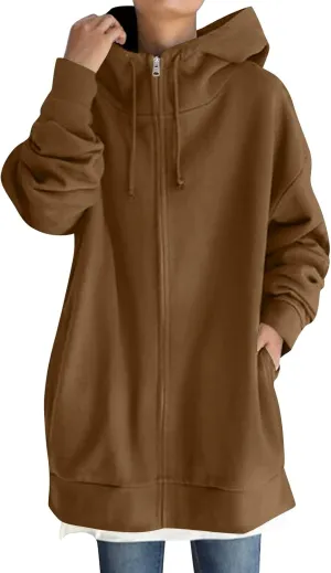 Oversized Zip Up Hoodies for Women Plus Size Long Sleeve Hooded Sweatshirt Casual Fall Long Fleece Jacket with Pockets
