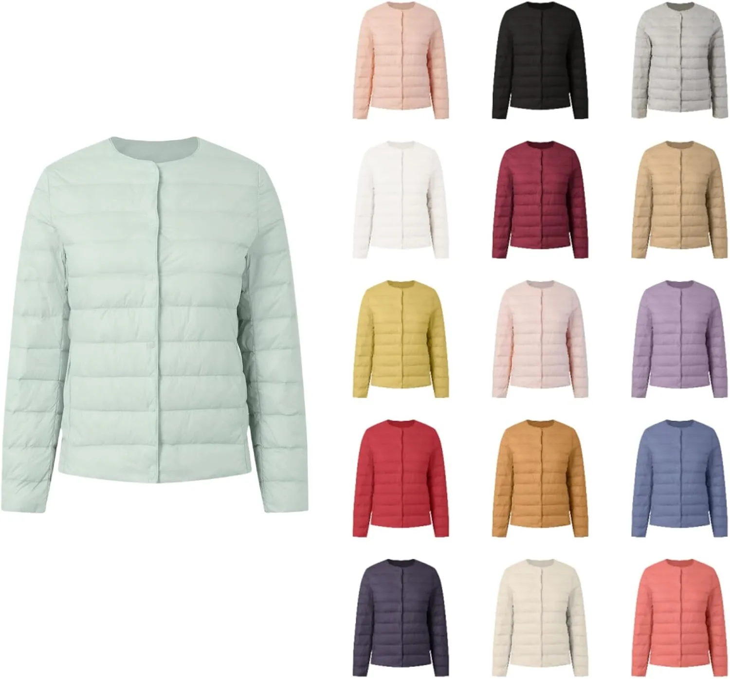 Packable Down Jacket for Women Lightweight Quilted Coat Portable Crewneck Long Sleeve Down Jackets Button Down