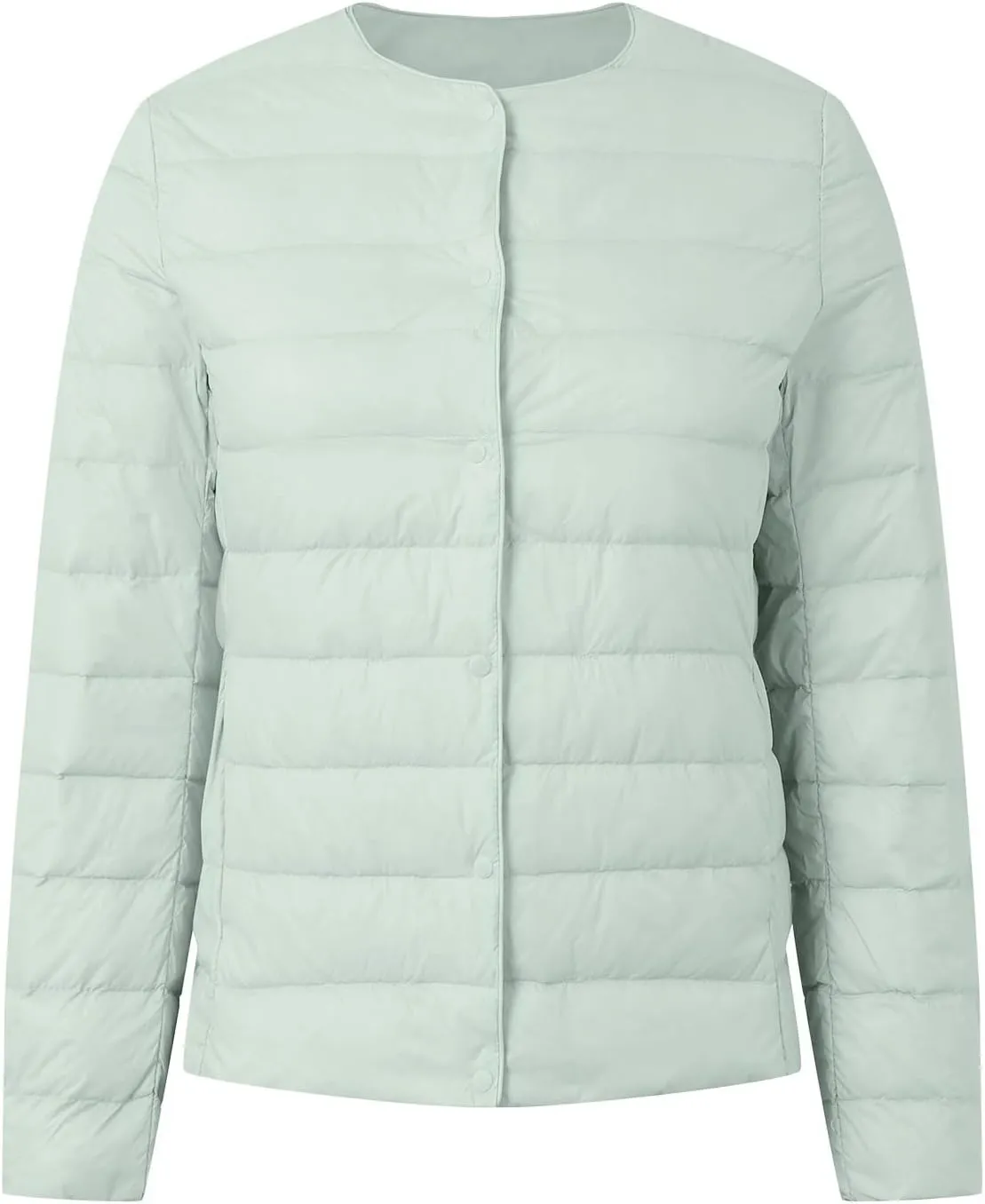 Packable Down Jacket for Women Lightweight Quilted Coat Portable Crewneck Long Sleeve Down Jackets Button Down