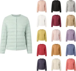 Packable Down Jacket for Women Lightweight Quilted Coat Portable Crewneck Long Sleeve Down Jackets Button Down