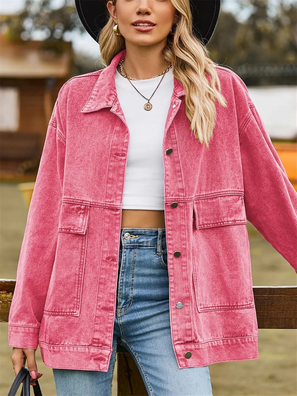 PAODIKUAI Women's Oversized Denim Jacket Casual Long Sleeve Vintage Jean Jacket Top Coat with Pockets
