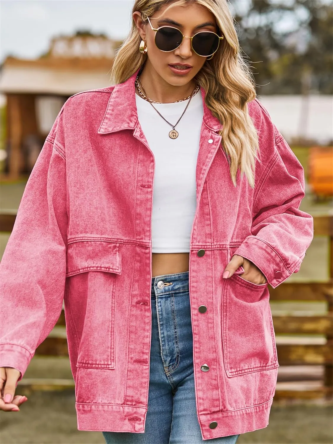 PAODIKUAI Women's Oversized Denim Jacket Casual Long Sleeve Vintage Jean Jacket Top Coat with Pockets