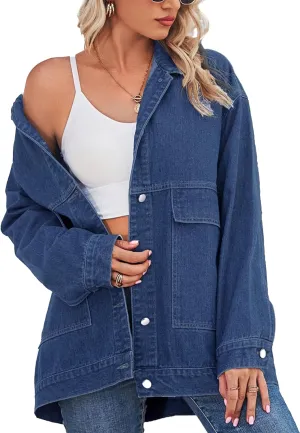 PAODIKUAI Women's Oversized Denim Jacket Casual Long Sleeve Vintage Jean Jacket Top Coat with Pockets