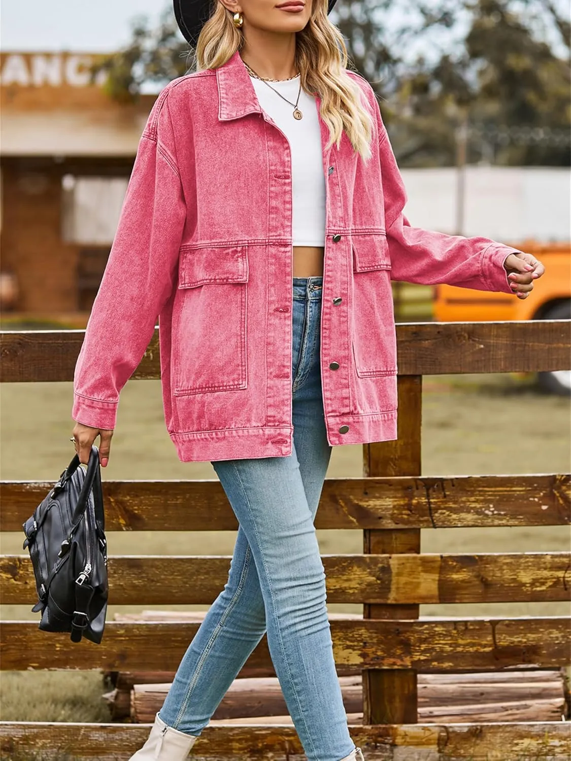 PAODIKUAI Women's Oversized Denim Jacket Casual Long Sleeve Vintage Jean Jacket Top Coat with Pockets