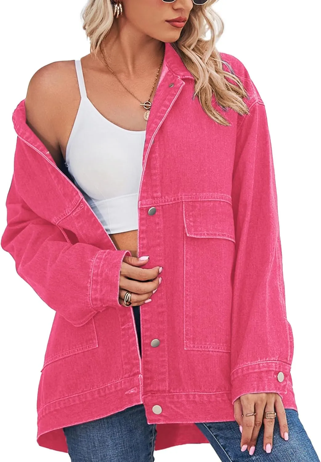 PAODIKUAI Women's Oversized Denim Jacket Casual Long Sleeve Vintage Jean Jacket Top Coat with Pockets
