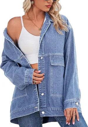 PAODIKUAI Women's Oversized Denim Jacket Casual Long Sleeve Vintage Jean Jacket Top Coat with Pockets