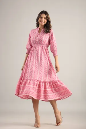 Patterned Shibori on Pink MIDI Cotton Dress