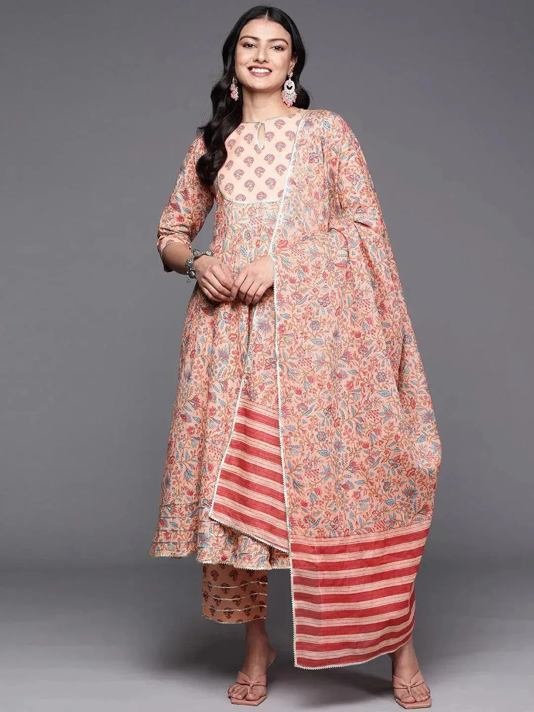 Peach Yoke Design Cotton Anarkali Kurta With Trousers & Dupatta