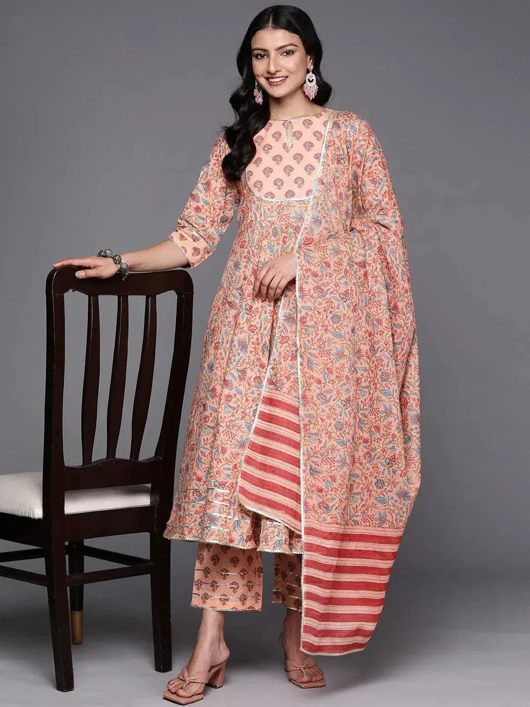 Peach Yoke Design Cotton Anarkali Kurta With Trousers & Dupatta