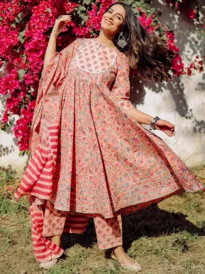 Peach Yoke Design Cotton Anarkali Kurta With Trousers & Dupatta