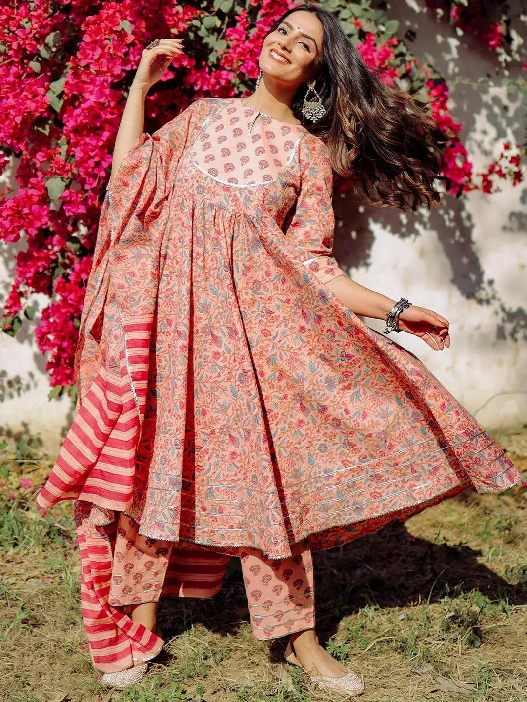 Peach Yoke Design Cotton Anarkali Kurta With Trousers & Dupatta
