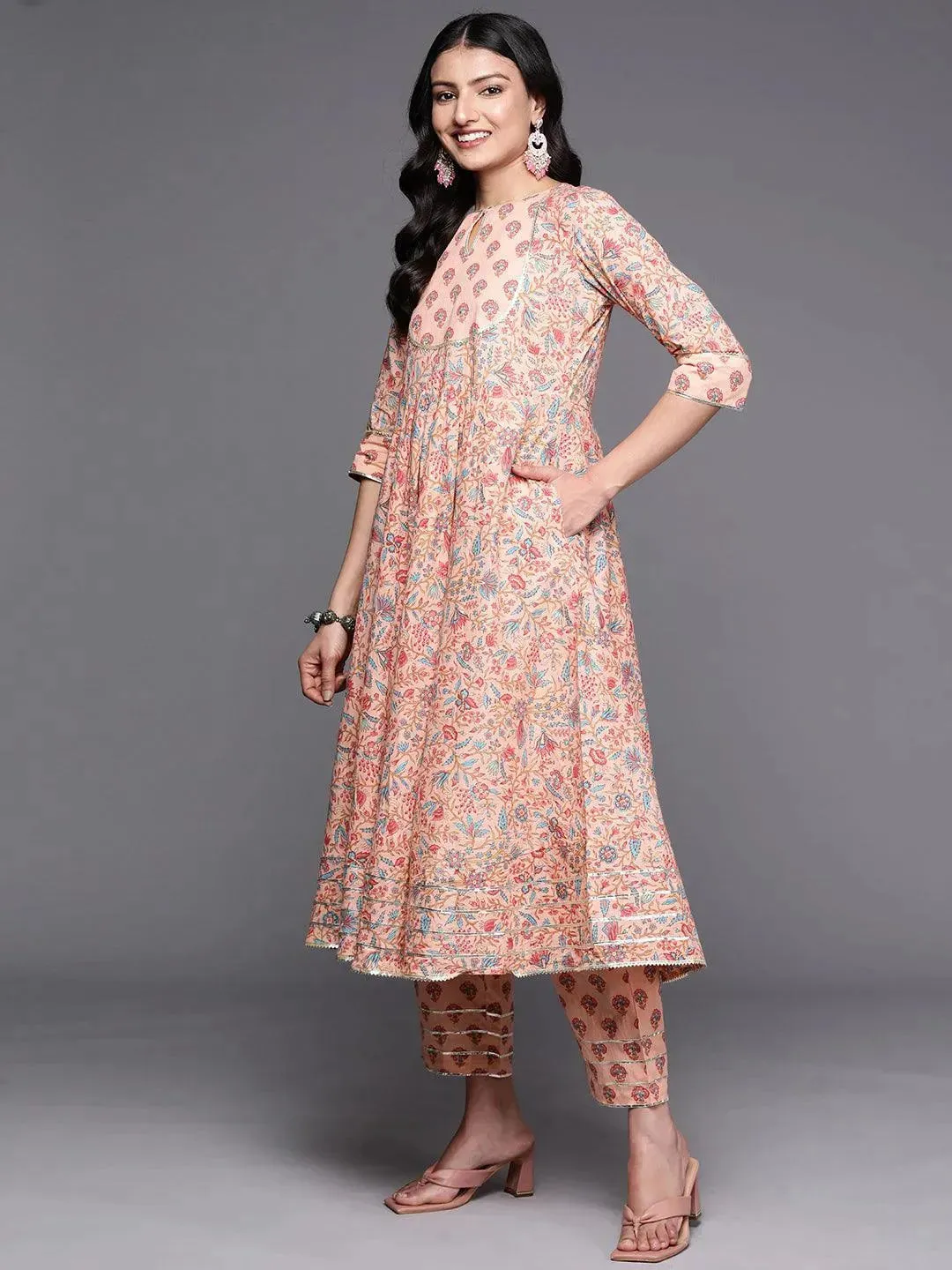 Peach Yoke Design Cotton Anarkali Kurta With Trousers & Dupatta