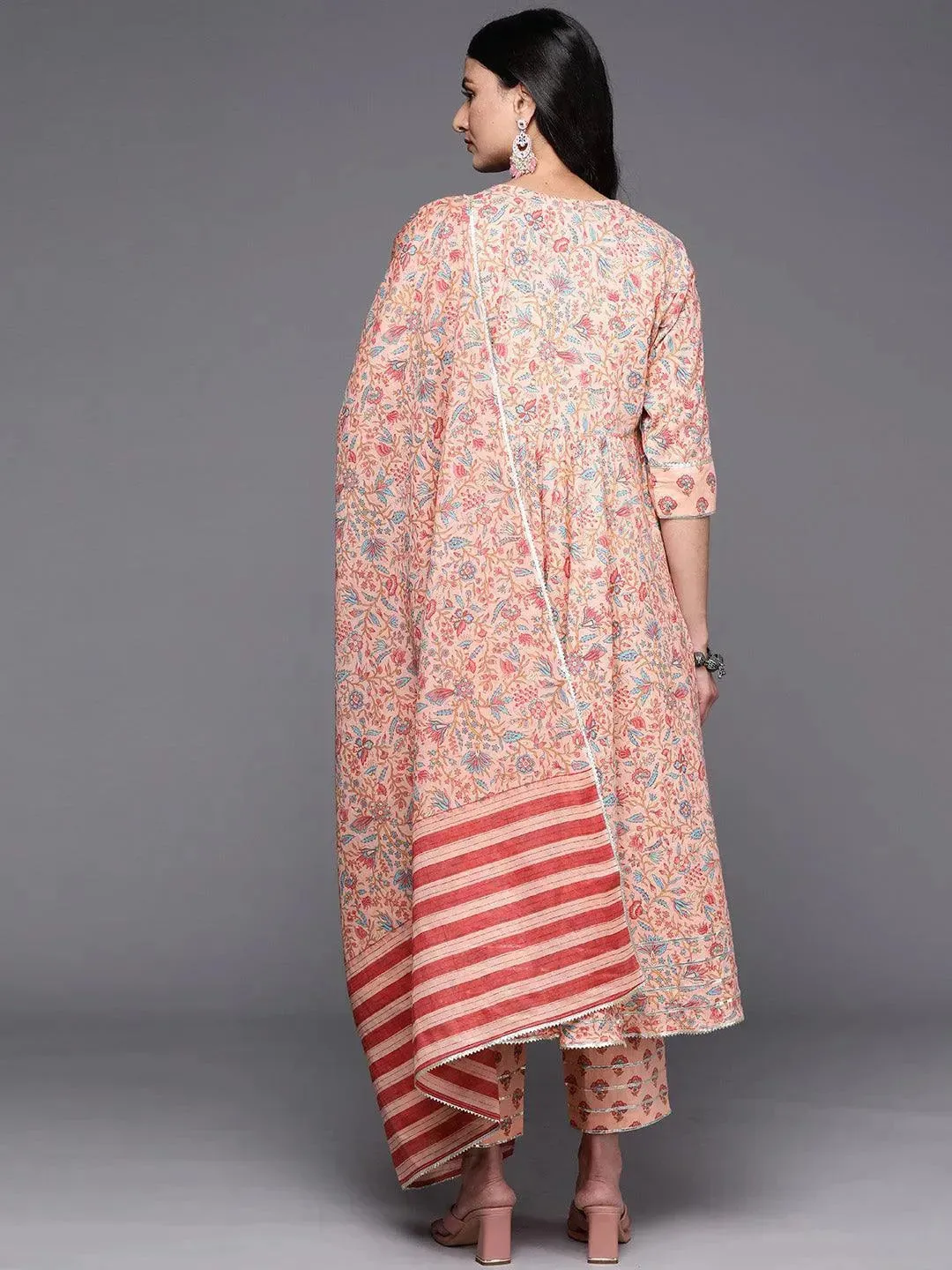 Peach Yoke Design Cotton Anarkali Kurta With Trousers & Dupatta