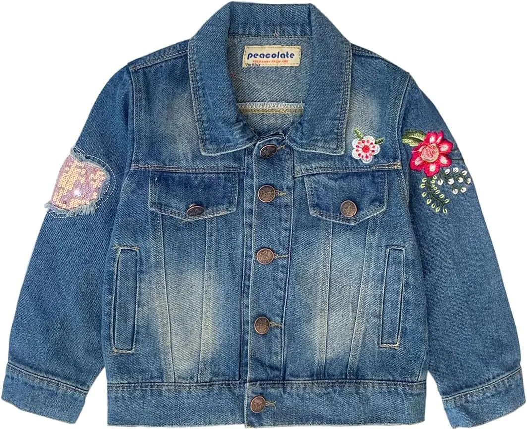 Peacolate 2-11Y Little&Big Girls Sequin Outerwear Embroidery Denim Jacket
