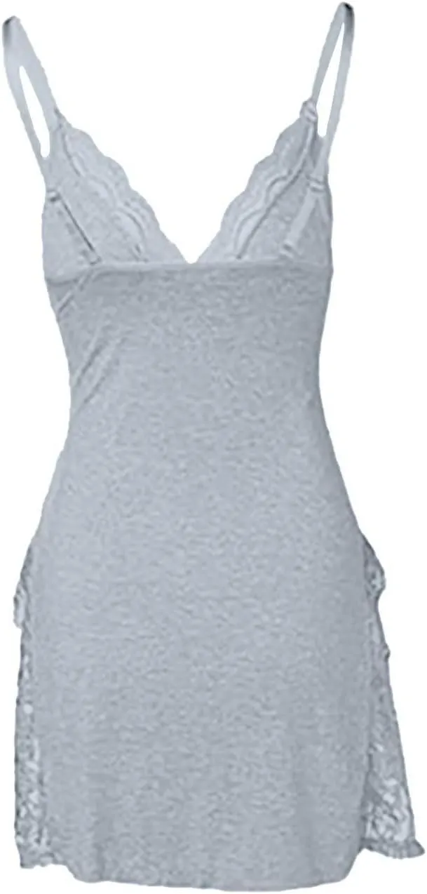 PETCDIM Lace Trim Sleep Dress for Women Sexy High Split Nightgown Trendy Bowknot Decor Sleep Spaghetti Dress Valentines Gift