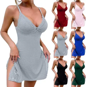 PETCDIM Lace Trim Sleep Dress for Women Sexy High Split Nightgown Trendy Bowknot Decor Sleep Spaghetti Dress Valentines Gift