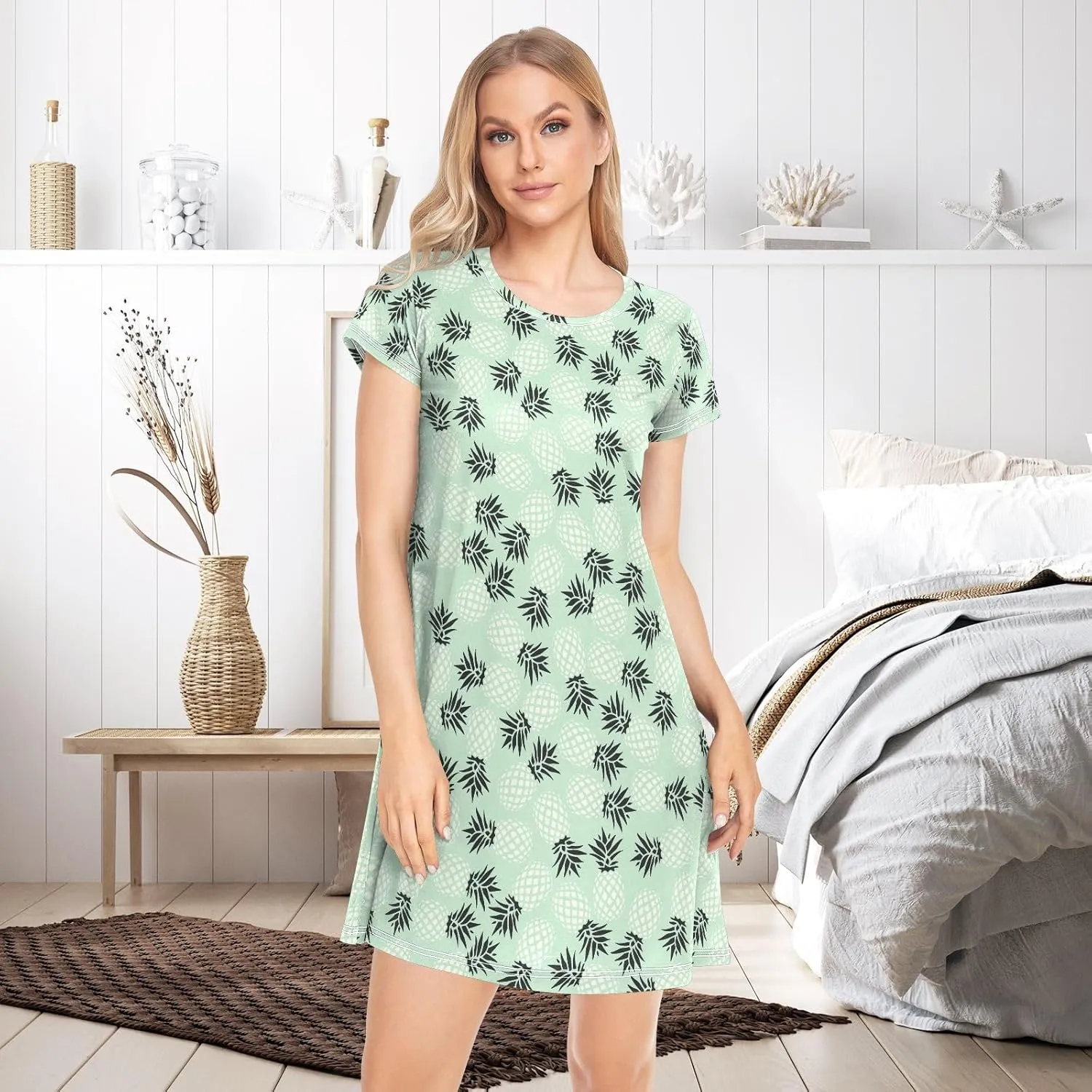 Pineapple Pattern Nightgowns for Women Short Sleeve Sleepshirt Dress Print Sleepdress Sleepwear Pajama Dress