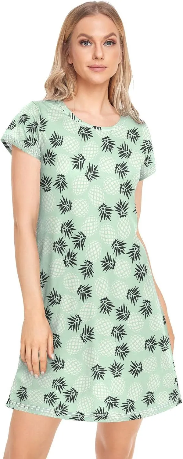 Pineapple Pattern Nightgowns for Women Short Sleeve Sleepshirt Dress Print Sleepdress Sleepwear Pajama Dress