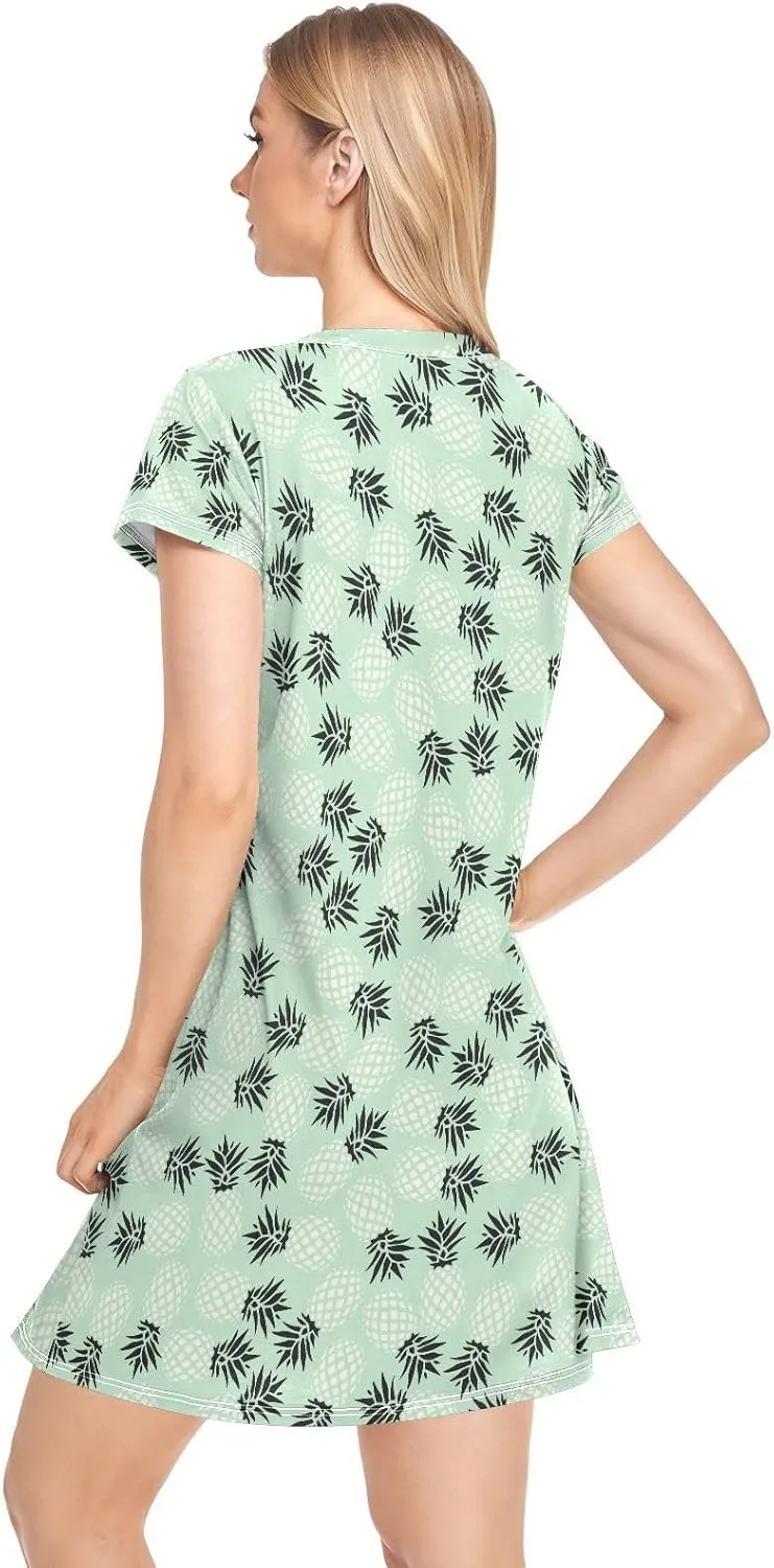 Pineapple Pattern Nightgowns for Women Short Sleeve Sleepshirt Dress Print Sleepdress Sleepwear Pajama Dress
