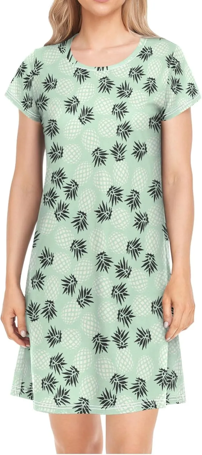 Pineapple Pattern Nightgowns for Women Short Sleeve Sleepshirt Dress Print Sleepdress Sleepwear Pajama Dress