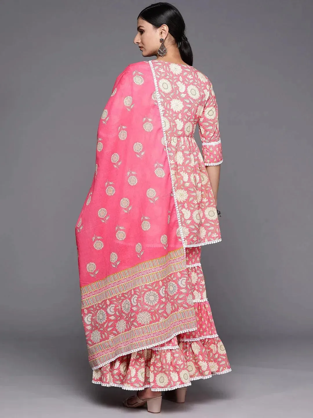 Pink Printed Cotton Anarkali Sharara Suit Set With Dupatta