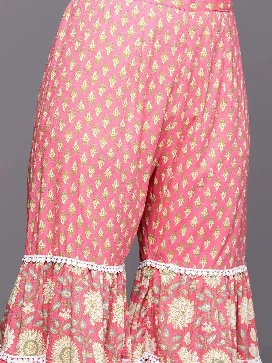 Pink Printed Cotton Anarkali Sharara Suit Set With Dupatta