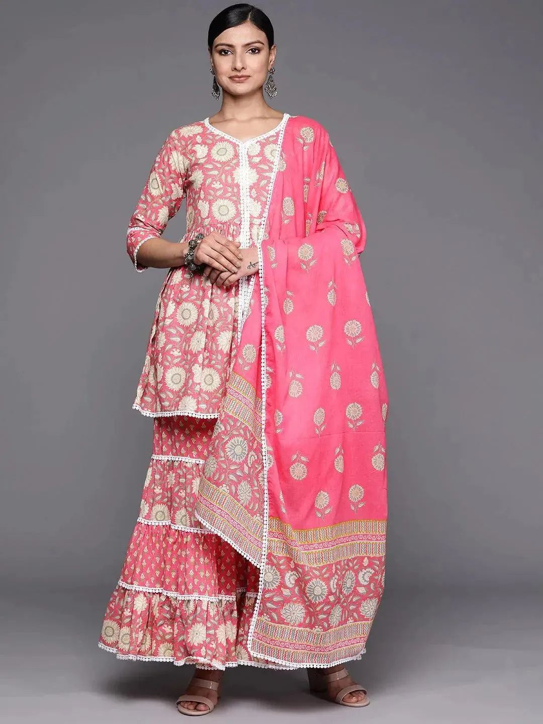 Pink Printed Cotton Anarkali Sharara Suit Set With Dupatta