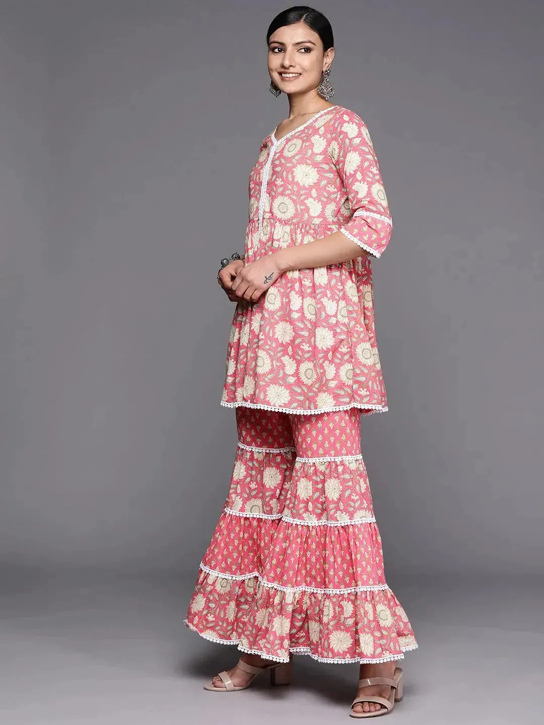 Pink Printed Cotton Anarkali Sharara Suit Set With Dupatta