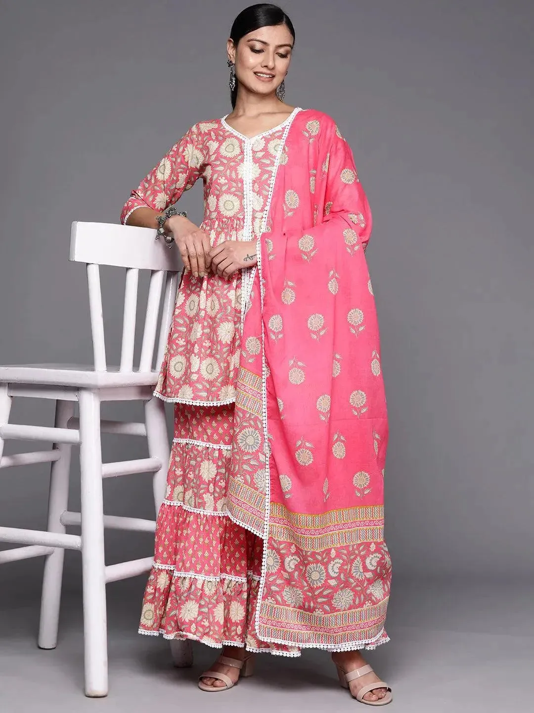 Pink Printed Cotton Anarkali Sharara Suit Set With Dupatta