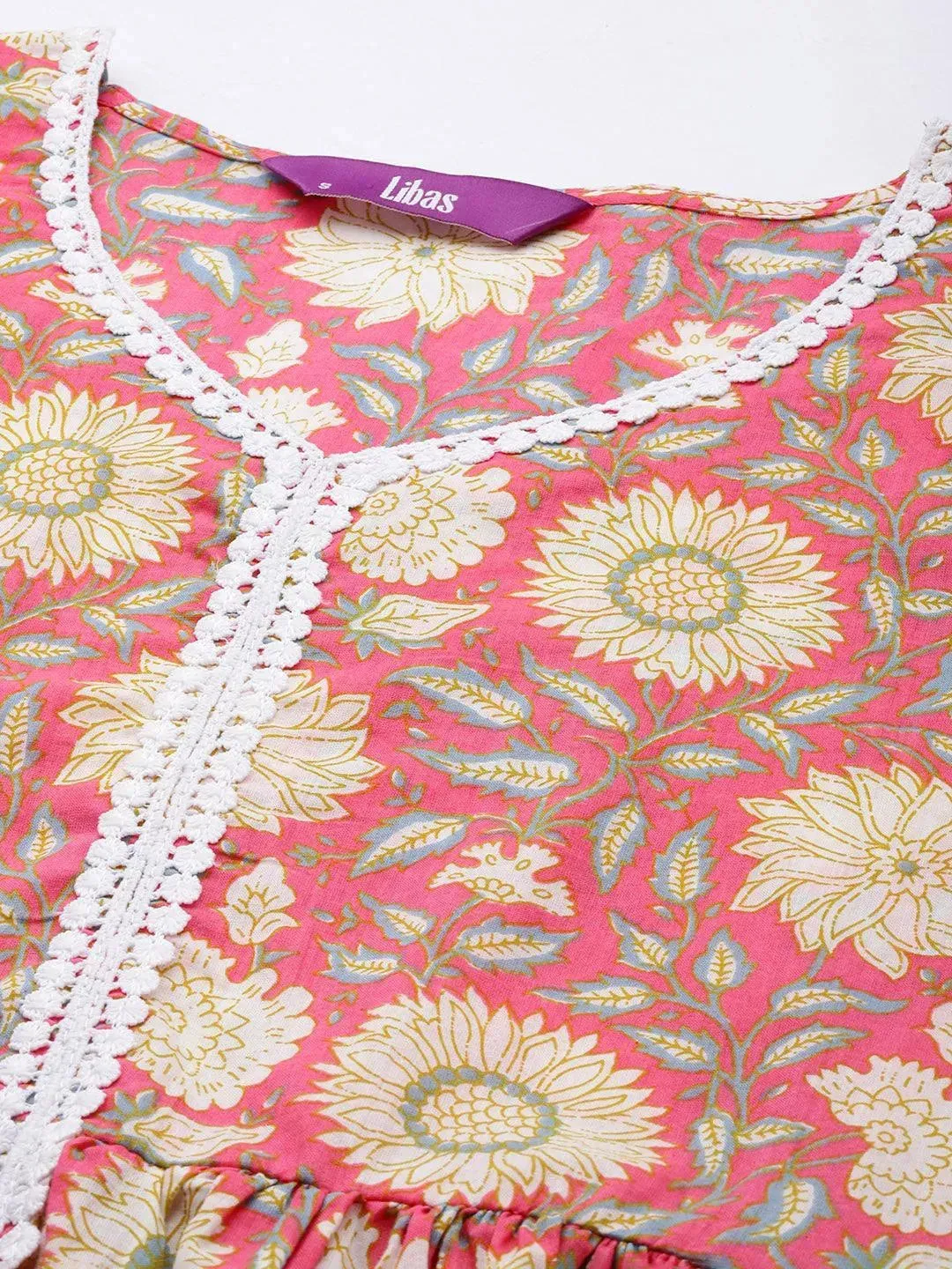 Pink Printed Cotton Anarkali Sharara Suit Set With Dupatta