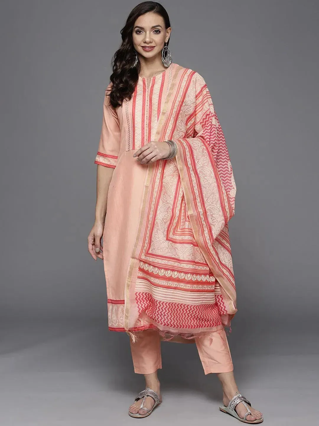 Pink Yoke Design Silk Blend Straight Kurta With Dupatta