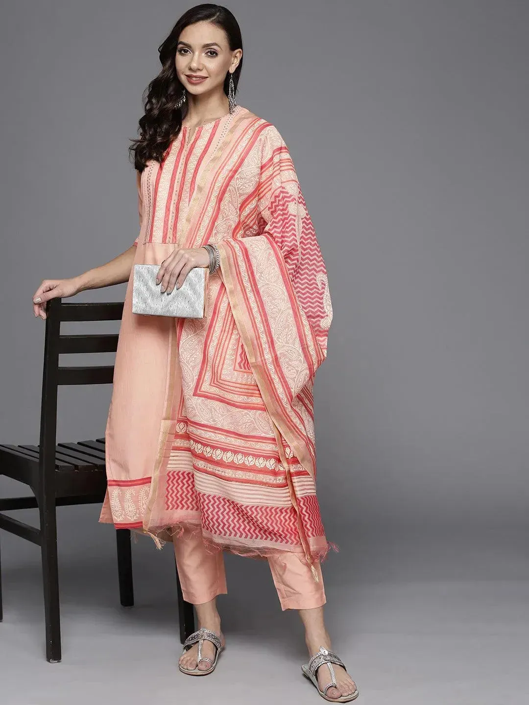 Pink Yoke Design Silk Blend Straight Kurta With Dupatta