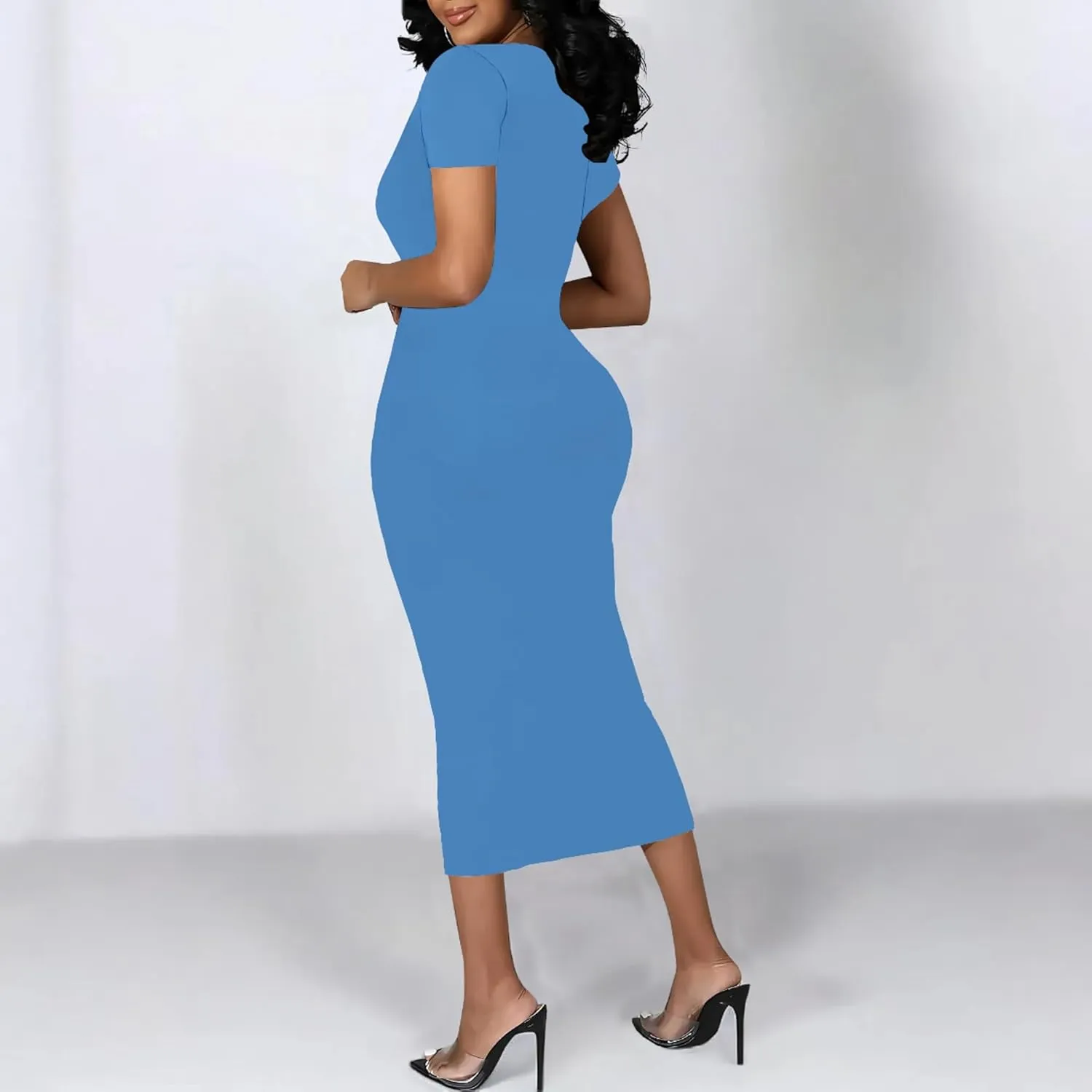 Plus Size Dress for Women Summer Casual Short Sleeve Midi Club Party Fitted Tight Dresses Basic Pencil Midi Bodycon Dress