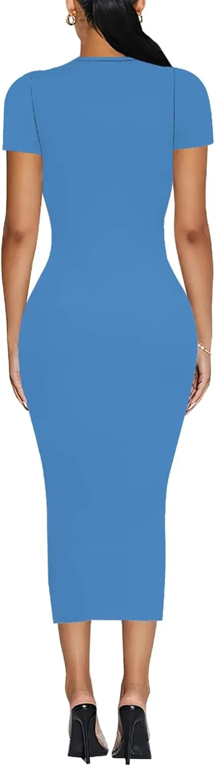 Plus Size Dress for Women Summer Casual Short Sleeve Midi Club Party Fitted Tight Dresses Basic Pencil Midi Bodycon Dress