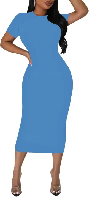 Plus Size Dress for Women Summer Casual Short Sleeve Midi Club Party Fitted Tight Dresses Basic Pencil Midi Bodycon Dress