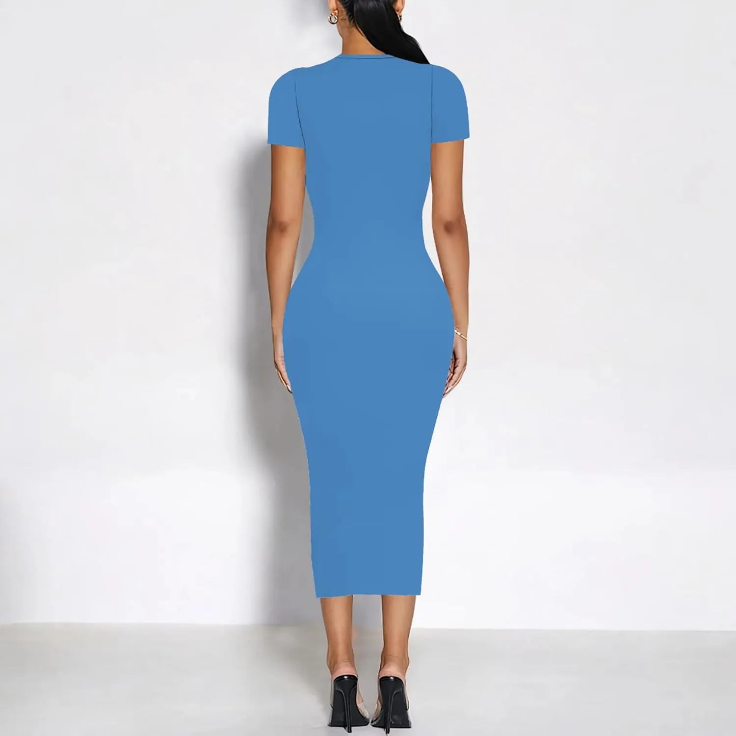 Plus Size Dress for Women Summer Casual Short Sleeve Midi Club Party Fitted Tight Dresses Basic Pencil Midi Bodycon Dress