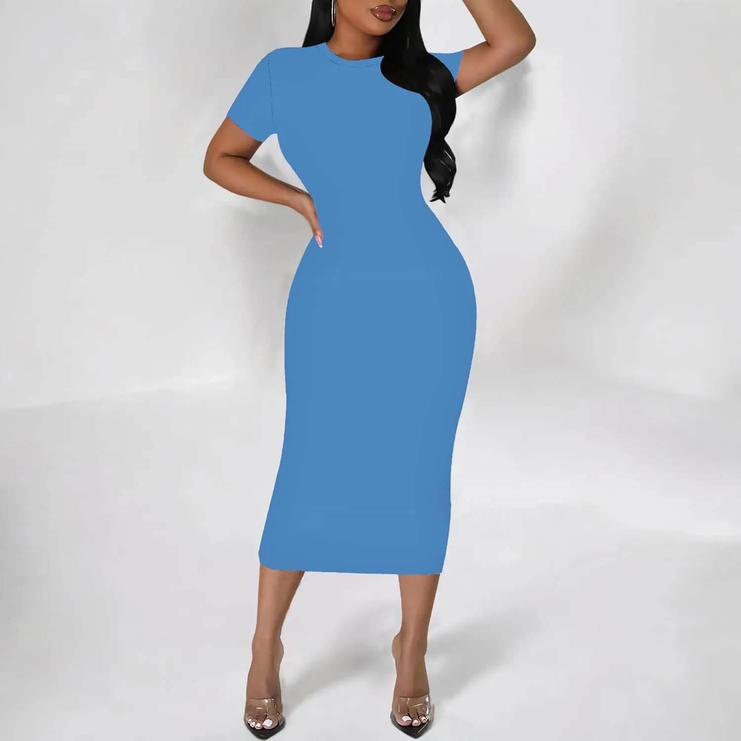 Plus Size Dress for Women Summer Casual Short Sleeve Midi Club Party Fitted Tight Dresses Basic Pencil Midi Bodycon Dress