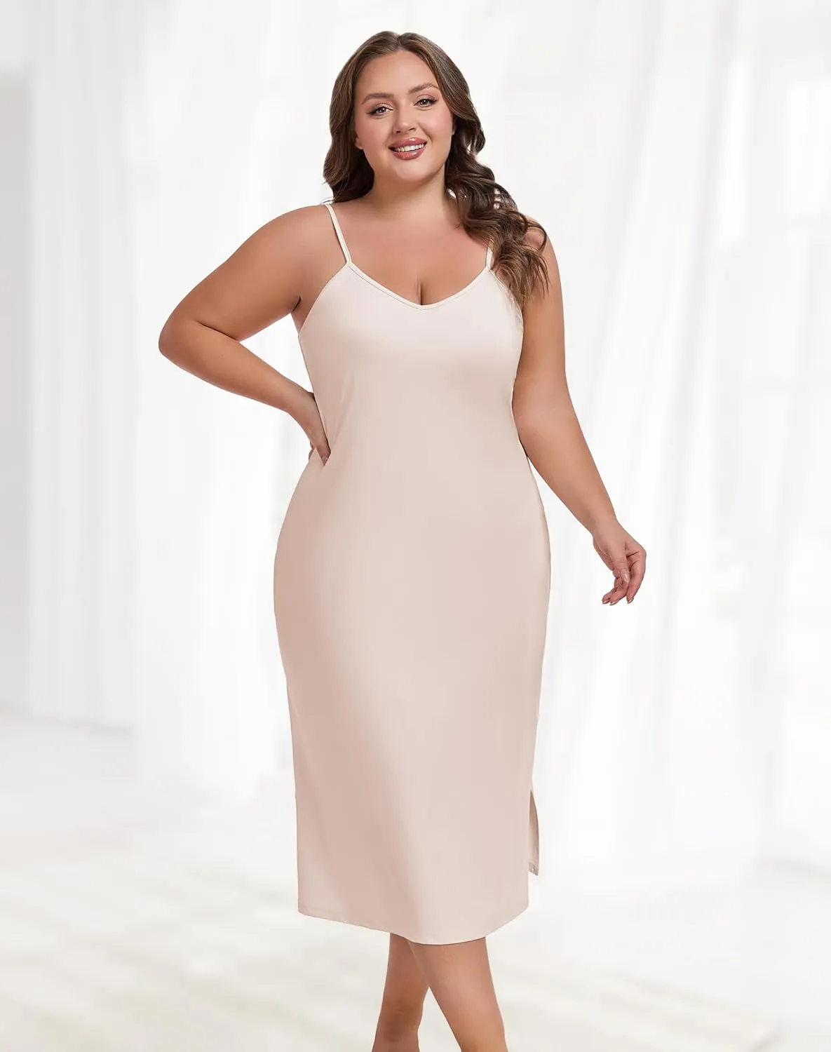 Plus Size Full Slip for Women Under Dresses Adjustable Spaghetti Strap V-Neck Long Slip Cami Nightgown
